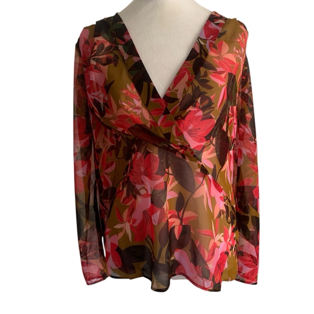 CAbi Small Pink Brown Floral Sheer Faux Wrap Mia Blouse Top Style 4251